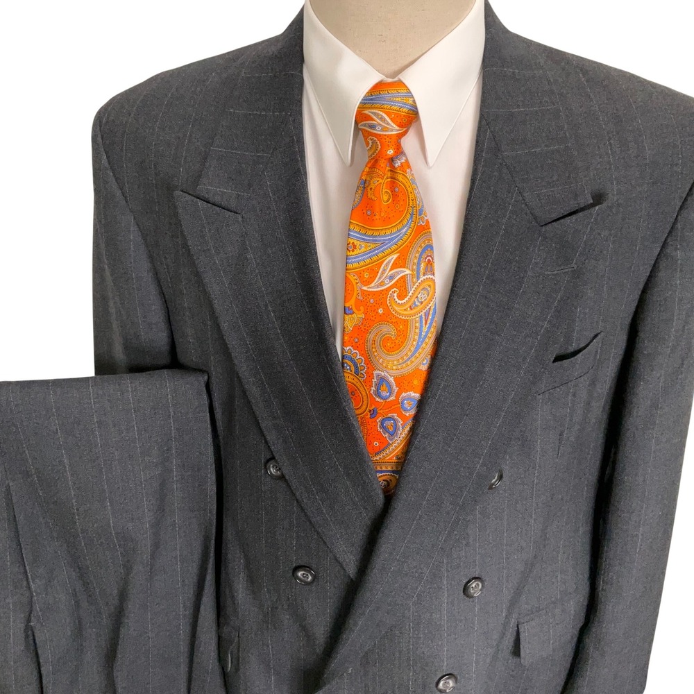 Executive Collection Suit Mens 46R Charcoal Gray Pinstripe Double Breasted Suit